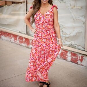 Floral Maxi Dress in Red and Pink